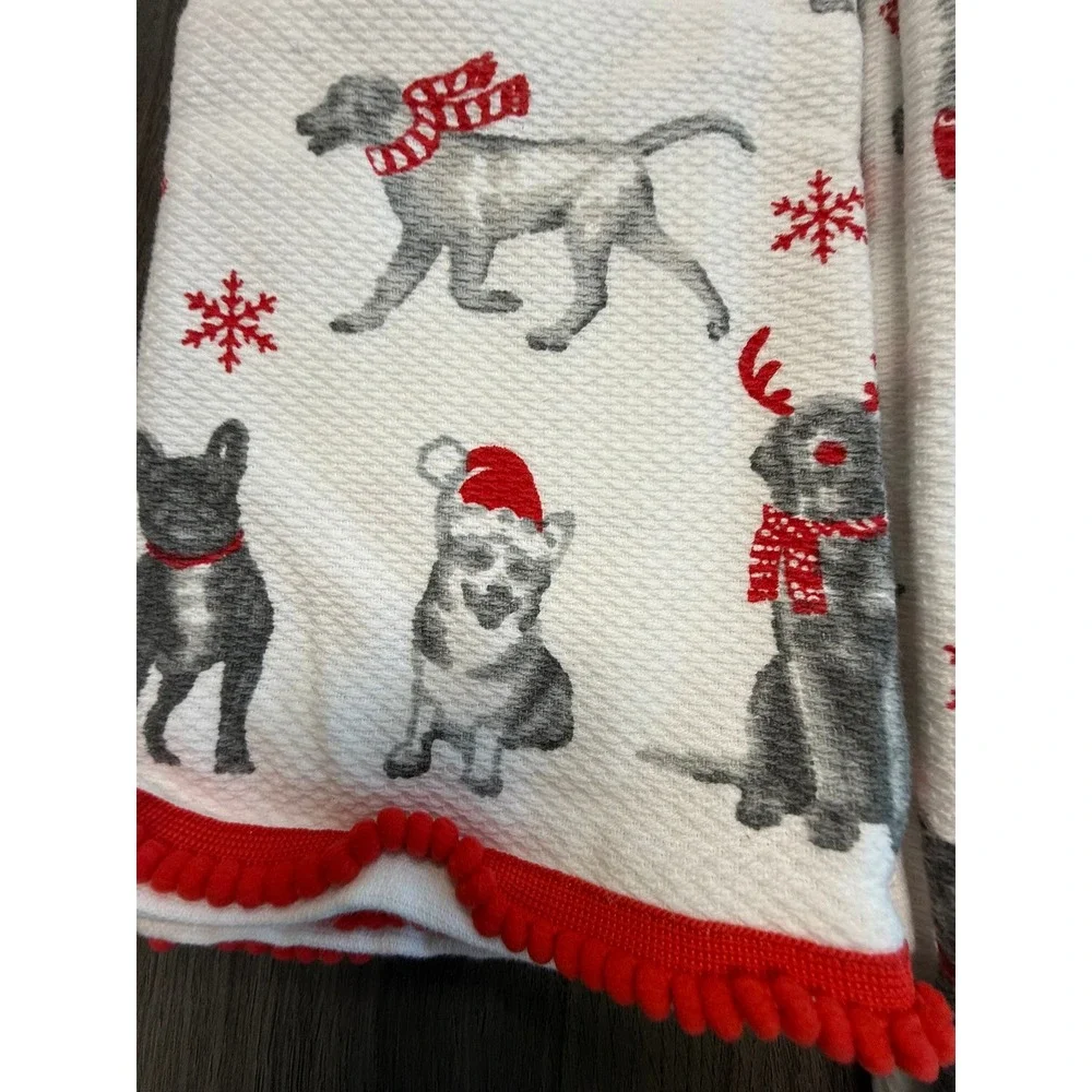 Casaba Home Christmas Dog Kitchen Hand Towels Set of 2 Red Pom Pom Trim Waffle